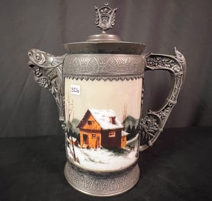 An Elaborate Victorian Ice Water Pitcher  With Hand Painted Porcelain Liner