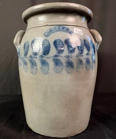 Antique Signed John Weaver  Beaver Pennsylvania Double Handled Exaggerated Fern Stoneware Crock