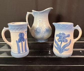 Three Blue and Gray Stoneware Pitchers