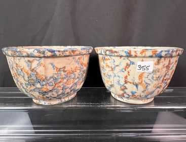 Two Unsigned Spatterware Red Wing Bowls One With Advertising