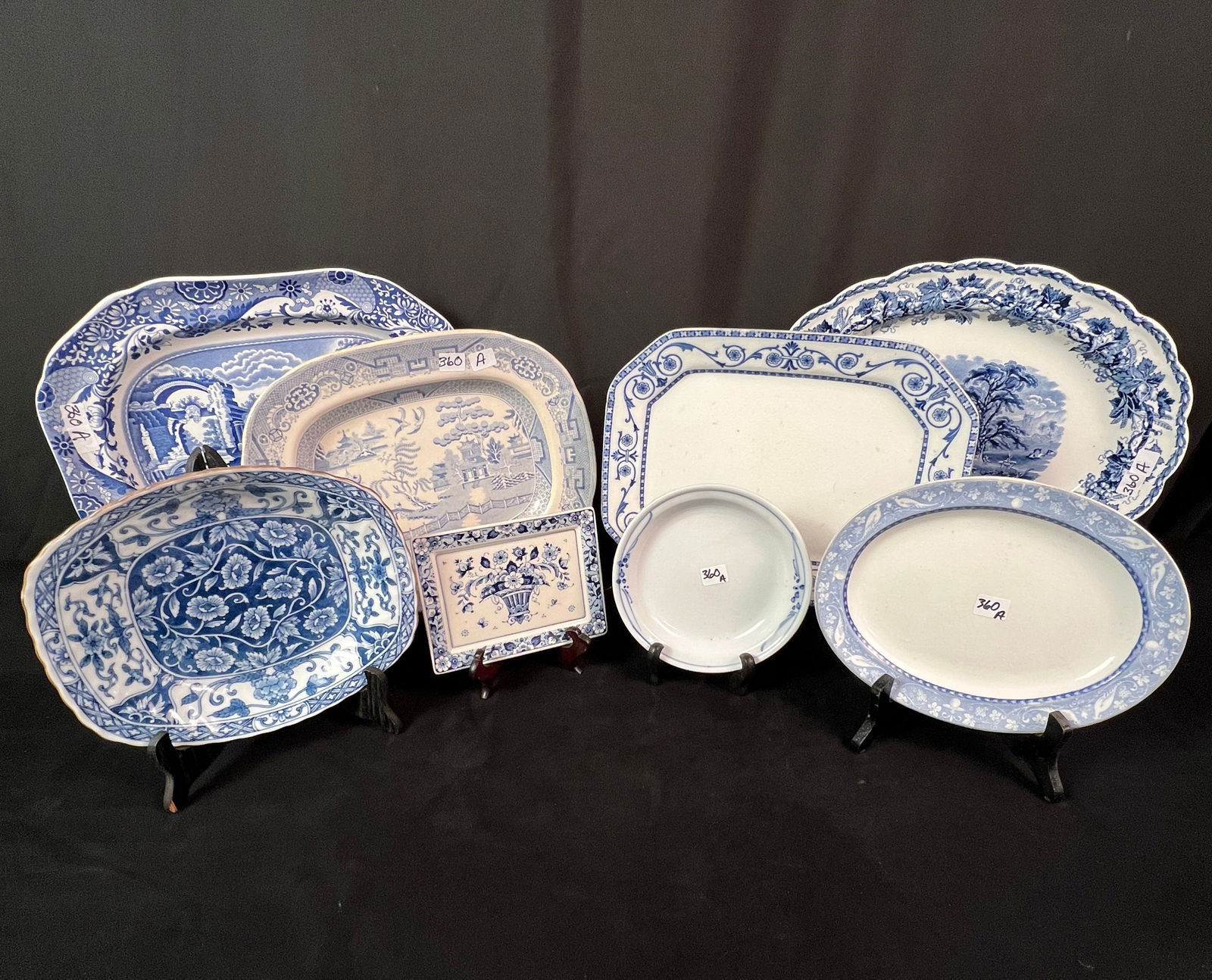 Four Early Blue and White Transfer Platters and More: Four antique blue and white early transfer patterned platters to include Burgess and Leich rectangular platter (9.25" X 12.25"), a Blue Willow pattern platter (10" X 12"), a Spode Blue Italian pattern