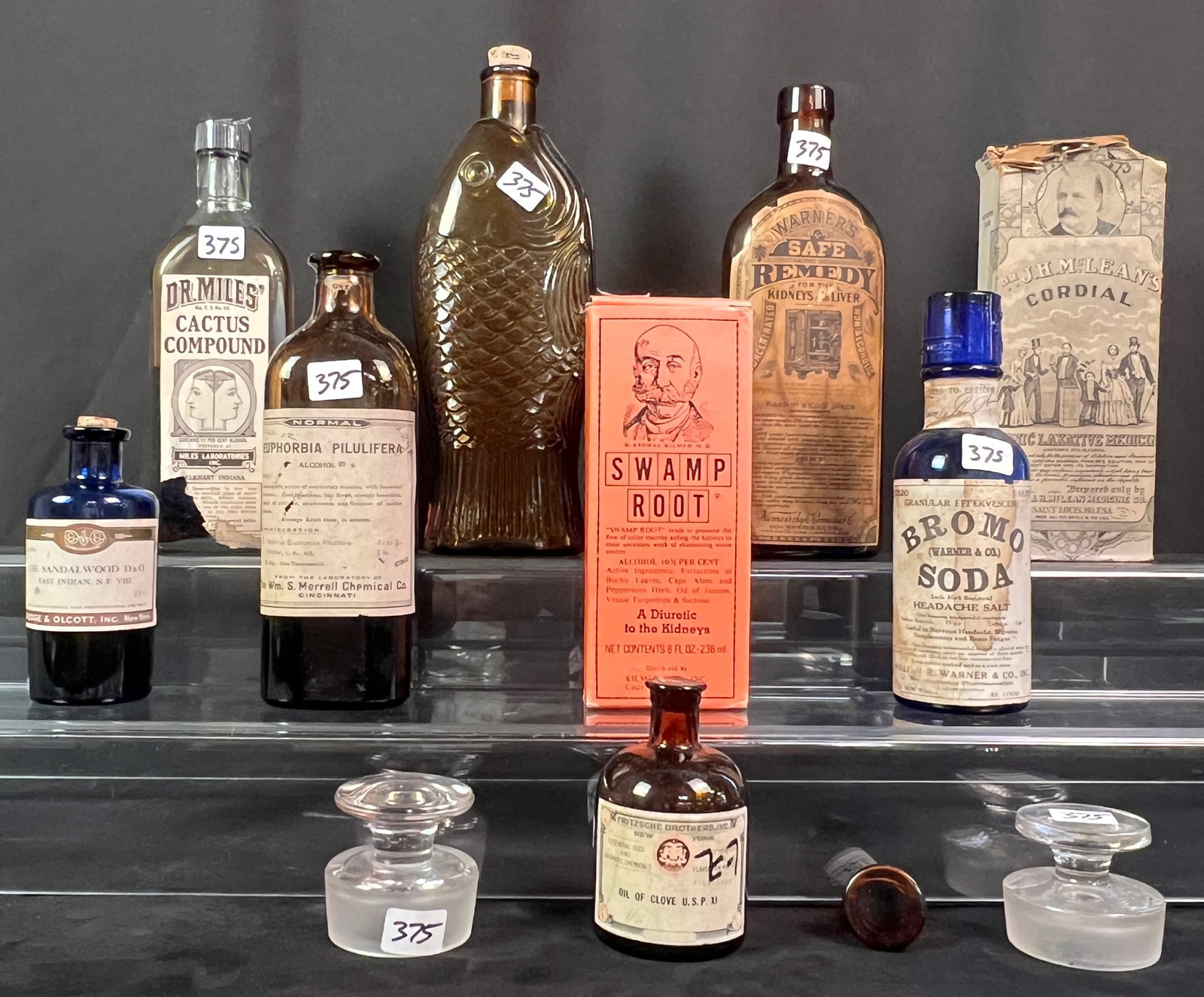 A Group of Antique Apothecary Medicine Bottles: A Warner's Safe Remedy with the original label and molded safe bottle. An amber cork bottle with Normal Euphorbia Pilulfera. A Dr. Miles' Cactus Compound. A cork bottle of Dr.J.H.M Lean's Cordial. A h