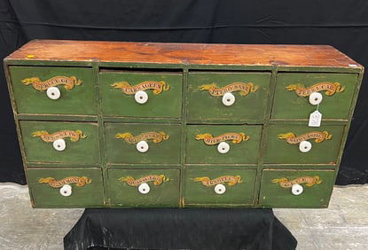 Early American 12 Drawer Dovetailed Apothecary Cabinet In Original Paint