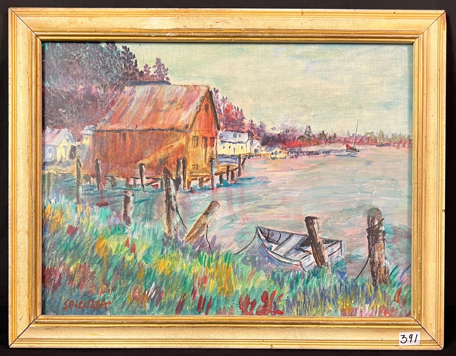 Francesco Spicuzza Oil on Board C.1930's: This quality framed Impressionist oil on board c.1930's is by listed Wisconsin artist Francesco Spicuzza (1883-1962) and depicts a colorful harbor with a shanty and houses along the bank, backed by tr