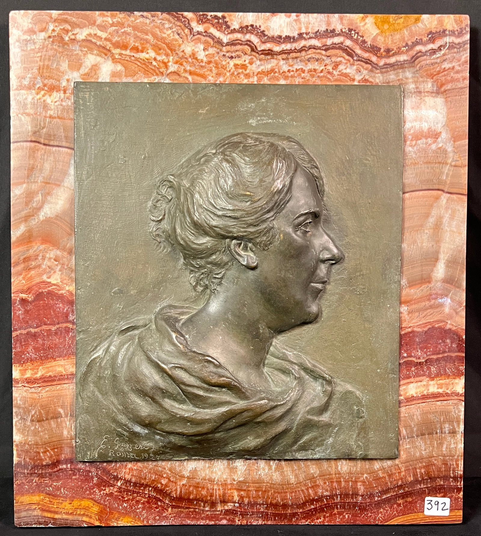 Ernesto Gazzeri Bronze Plaque on Marble c1927, Signed: This deep bronze relief portrait plaque on a marble backing is by listed Italian artist Ernesto Gazzeri (1866-1965). It is signed in the bronze E. Gazzeri, and Dated Roma 1927. In excellent condition,