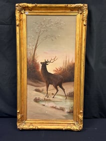 Victorian Oil Painting of Elk in Winter Scene
