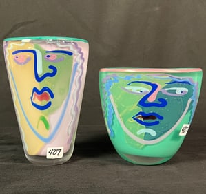Two  Bernstein Glass Art Face Vases c1994