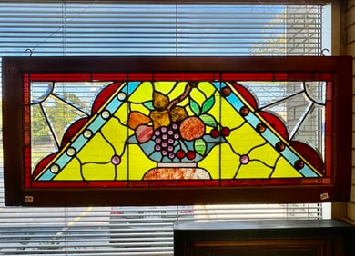 A Victorian Stained Glass Transom Window With Fruit Basket