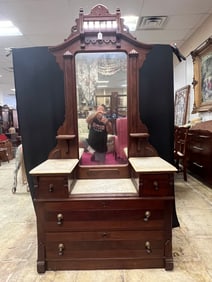 Walnut Victorian Marble Top Drop Well Dresser