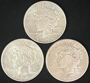 Three Silver Dollars Aging From 1924-1934