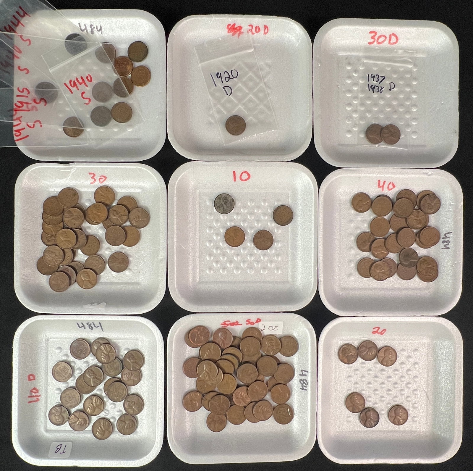 A Large Amount Of Pennies Aging From 1910's-1950's To Include S and D and A Lincoln Head Collection: A large amount of pennies from 1910's to 1950's to include six S pennies with the dates 1915, two 1940, two 1944, 1953. D pennies one 1920, one 1937, one 1938, two 1940, one 1942, two 1945, three 1946