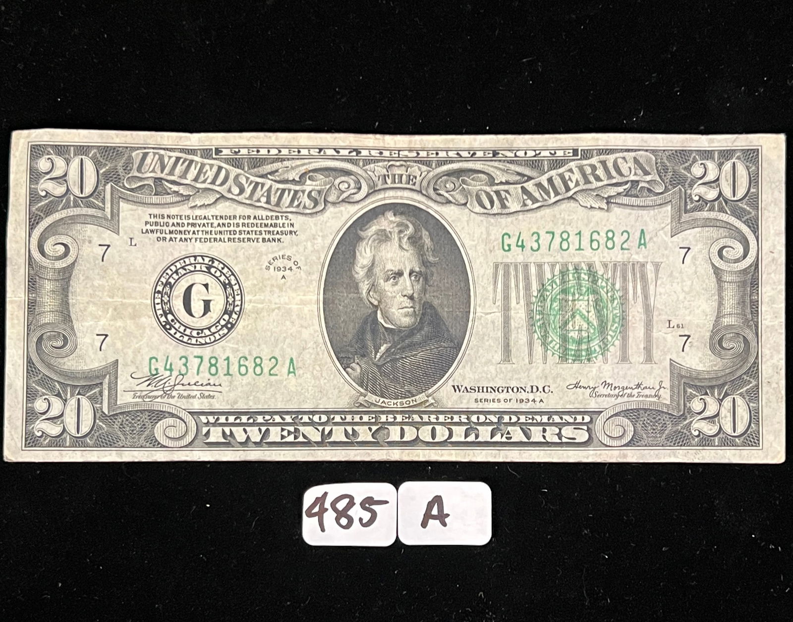 A 20$ Dollar Bill 1934 Series A: A 1934 series A 20$ dollar bill. $20 Federal Reserve Note with Henry Morgenthau Jr.'s signature as Secretary of the Treasury, alongside W.A. Julian as Treasurer. These green seal notes, featuring Andr