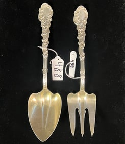 A Sterling Pair of Elaborate Victorian Serving Fork & Spoon