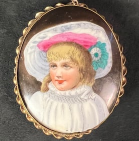 A Victorian Hand Painted Cameo Pendant In A Rolled Gold Frame