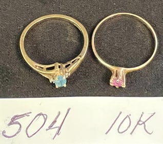 Two 10K Yellow Gold Rings One With Stone One With Pink Stone