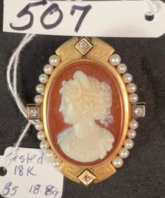 1870s 18K Diamond and Seed Pearl Cameo