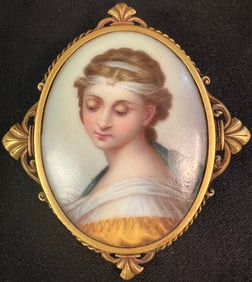Victorian 14K Porcelain Hand painted Brooch c1860's