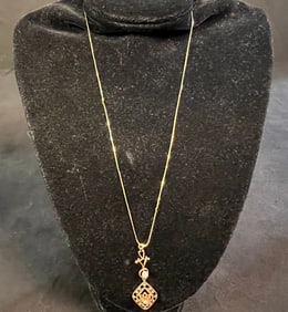 14K Edwardian Diamond and Pearl Lavalier Necklace