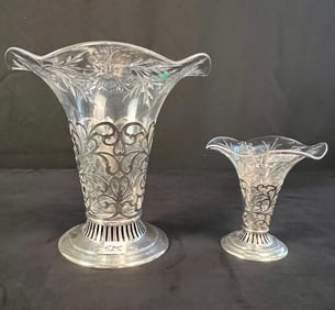 Pair of Sterling and Floral Cut Crystal Vases