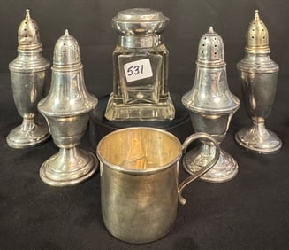 A Sterling Lot with Salt & Peppers, Baby Cup and Inkwell