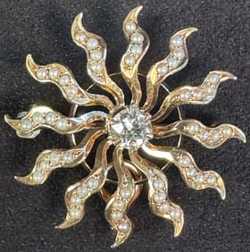 10K Floral Brooch with Diamond and Sea Pearls