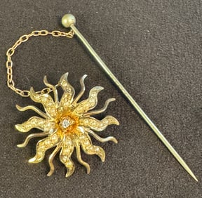 10K Victorian Starburst Diamond and Pearl Brooch