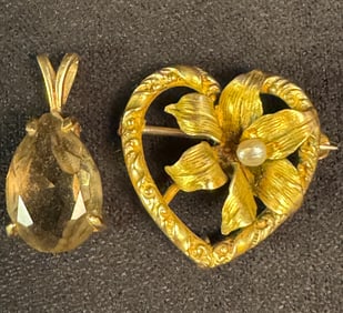 10K Heart Brooch and 14K Citrine Pendant