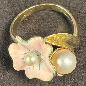 14K Pansy Enamel and Pearl Ring