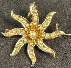 14K Victorian Starburst Seed Pearl Brooch