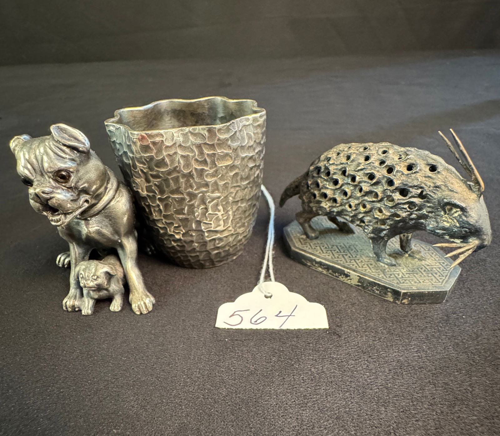 Figural Silverplate Toothpick Holders to include Dogs and Porcupine: A pair of Victorian silverplate toothpick holders to include a porcupine by the Superior Silver Company measuring 2.25" tall X 3.5" long, Second piece is a toothpick holder with bulldog and puppy, is