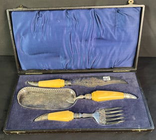 3 Piece English Fish Serving Set in Fitted Case c. 1880