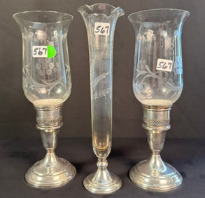 Pair of Sterling  Weighted and Crystal Hurricane Lamps with Vase