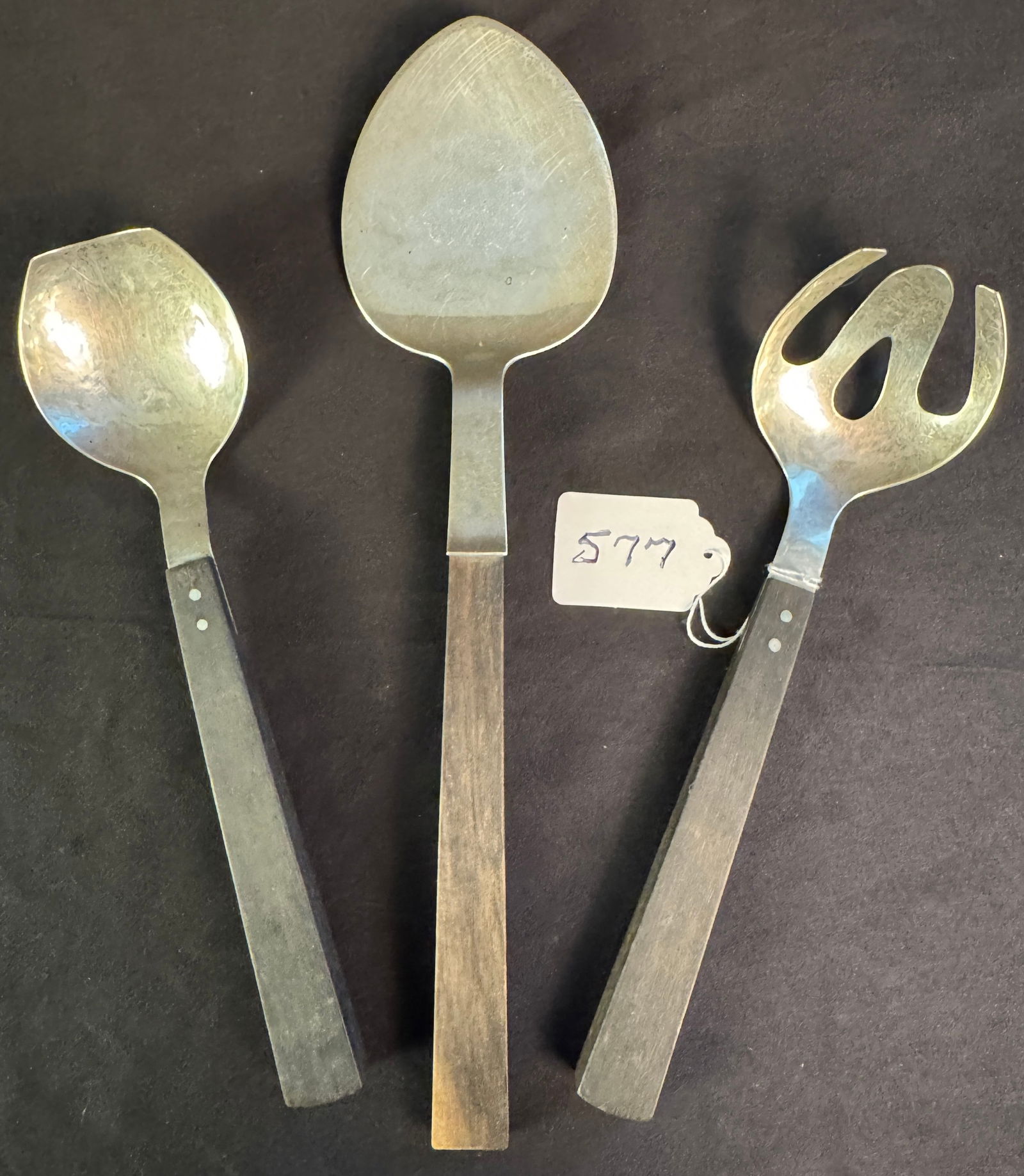3 Sterling and Ebony Wood MCM Serving Pieces: A group of 3 sterling and ebony wood MCM serving pieces to include a 2 piece salad serving set by Strelow and a cake server by Allan Adler (13" long)
