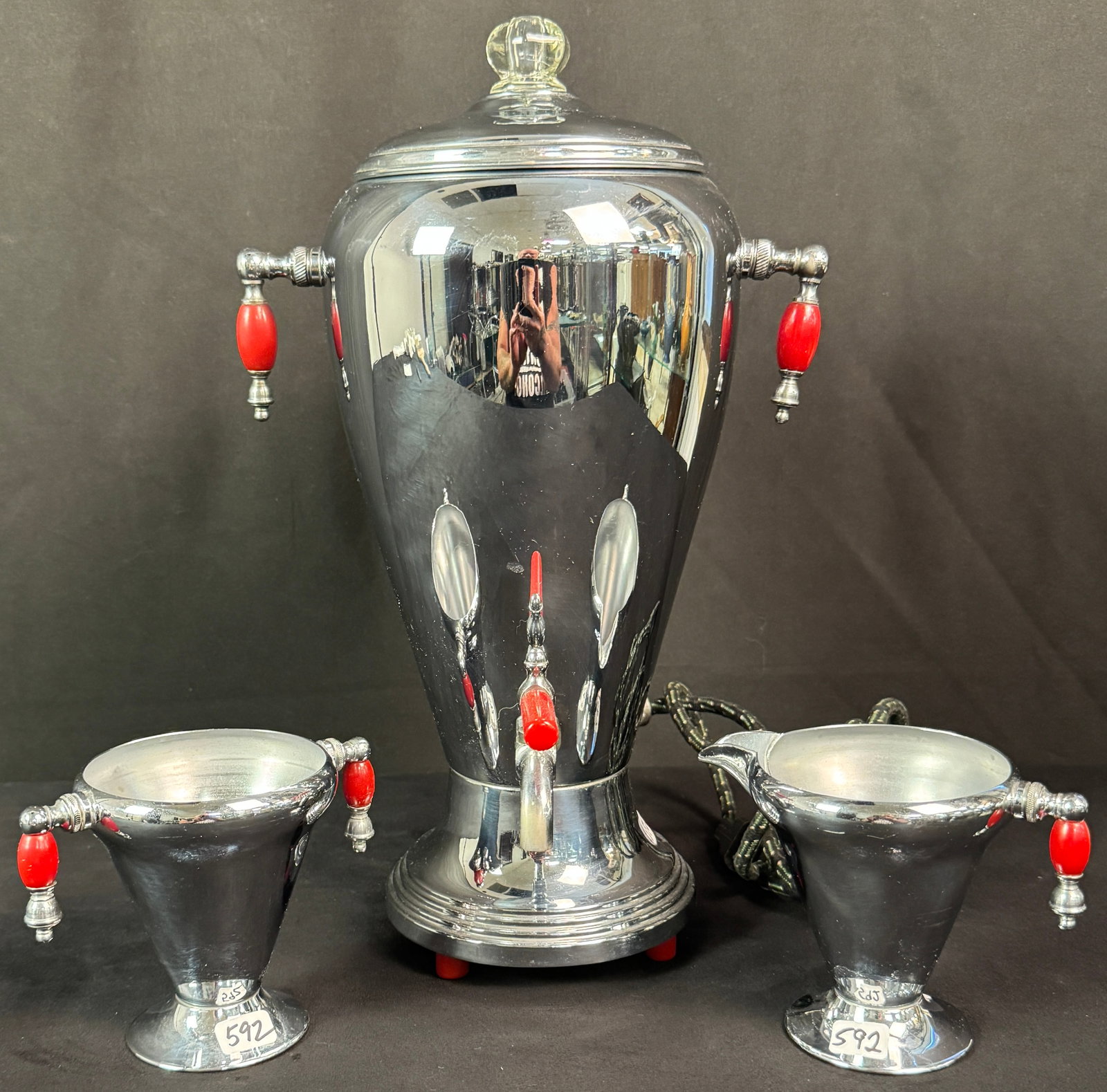 Art Deco Chrome & Bakelite La Belle Silver Company Coffee Service: A working La Belle Silver Company Art Deco 1930's chrome and Bakelite electric percolating coffee urn with matching sugar and creamer in excellent condition. Also includes its original cord. Urn measu