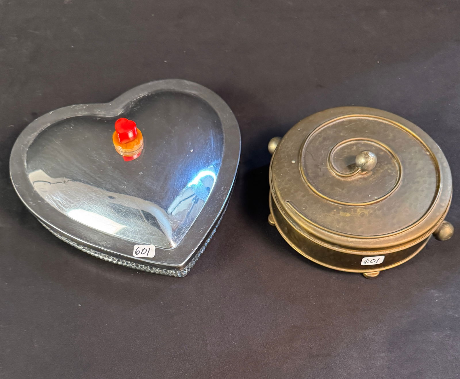 Apollo Studios Art Deco Lidded Dish w/ Insert, More!: An Art Deco group to include a signed Apollo Studios brass dish with a swirl design lid and segmented glass insert on ball feet with ball handles that measures 3" tall X 8" across the handles in very