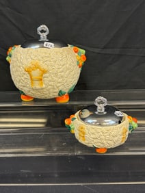 Clarice Cliff "Celtic Harvest" Pattern Biscuit Barrel and Jam Pot C1930