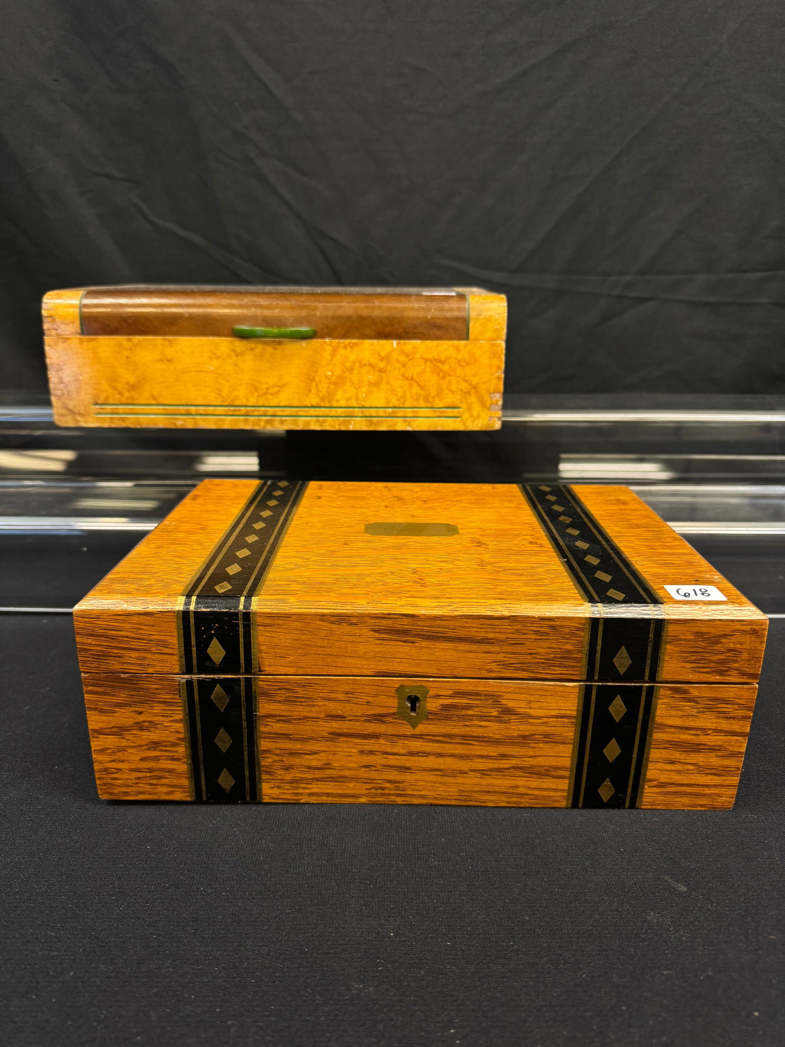 Antique Portable Wood Lap Desk, Deco Box: 2 vintage boxes to include a 1920's portable oak lap desk with decorative painted diamond banding on its lid and opens up to reveal a felted writing surface, and compartments for paper, pens, ink etc.