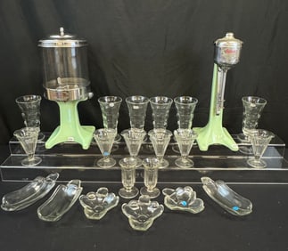 Hamilton Beach Malted milk dispenser, Arnold Malt Mixer & Sundae Glasses c.1940's