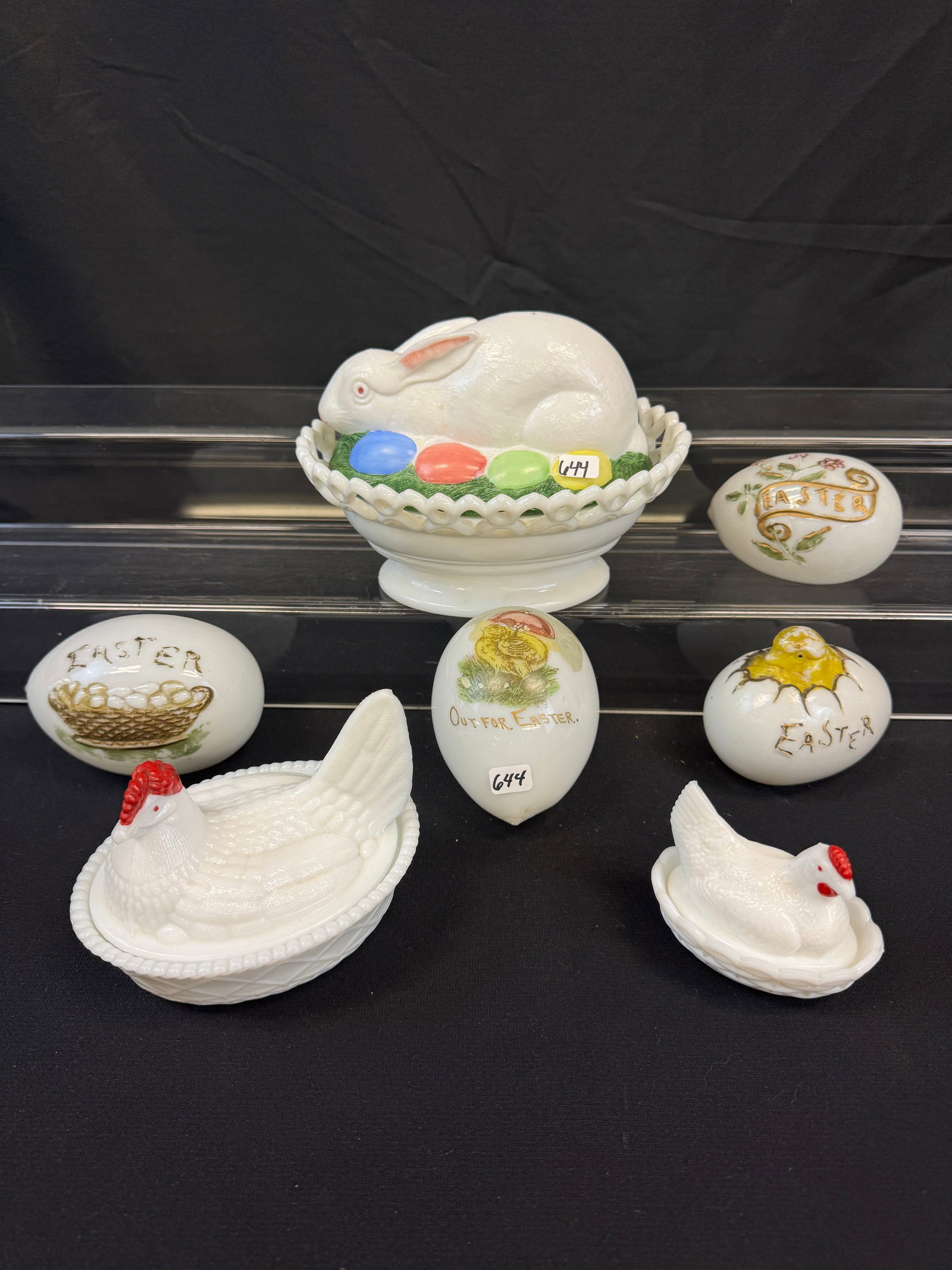 Antique Easter Milk Glass Eggs, More!: A group of antique Easter decorations from the turn of the century to include 4 hand blown milk glass eggs that feature a chick breaking out, an Easter basket full of eggs, a transfer chick with an um