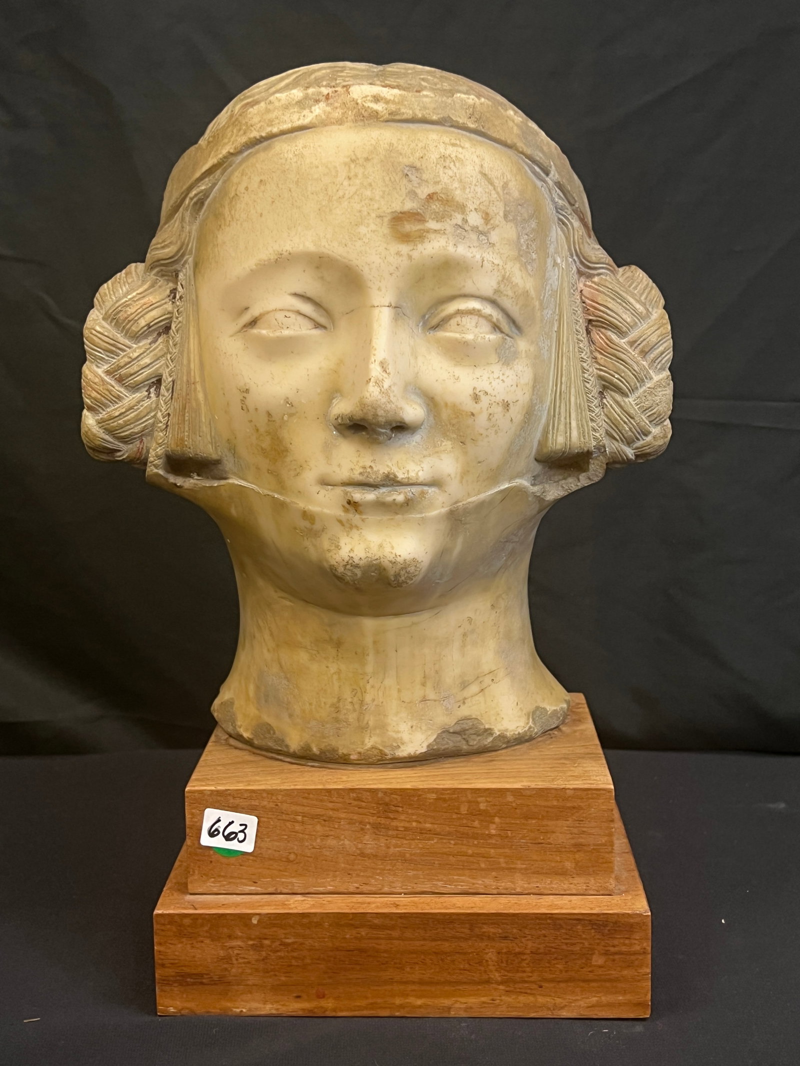 AMiR Resin French Noble Woman's Head Bust c1965: A resin alabaster sculpture of a French Noblewoman's head bust on a mahogany plinth in good condition C1965. It measures 16" tall X 10" across X 6" deep.
