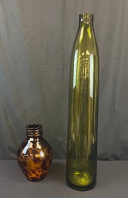 2 MCM Art Glass Vases, Hand Blown Tortoise Shell, 39" H Green Vase