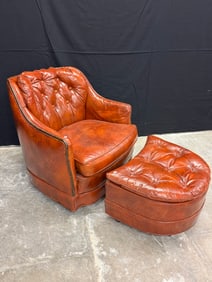Vintage 1970's Custom Leather Club Chair with Matching Ottoman on Casters c1970's