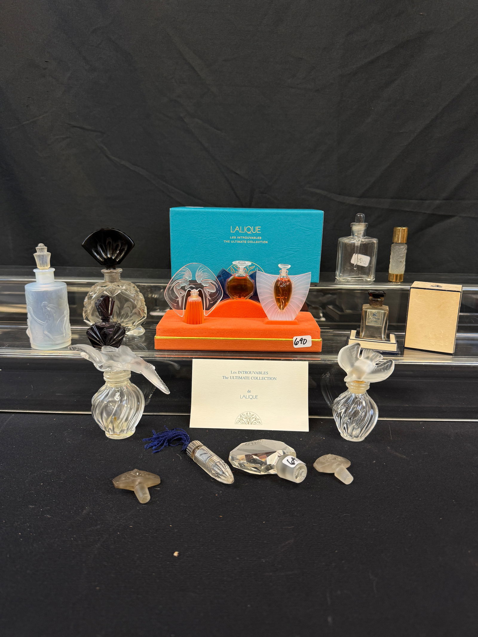 Vintage Perfume Bottles to include Lalique "Les Introuvable" Miniature Perfume Bottle Set, More!: A group of Vintage perfume bottles to include Lalique "Les Introuvable" Miniature Perfume bottle set with original box in excellent unused condition, a 3.5" tall Sabino Paris opalescent bottle c1930 (