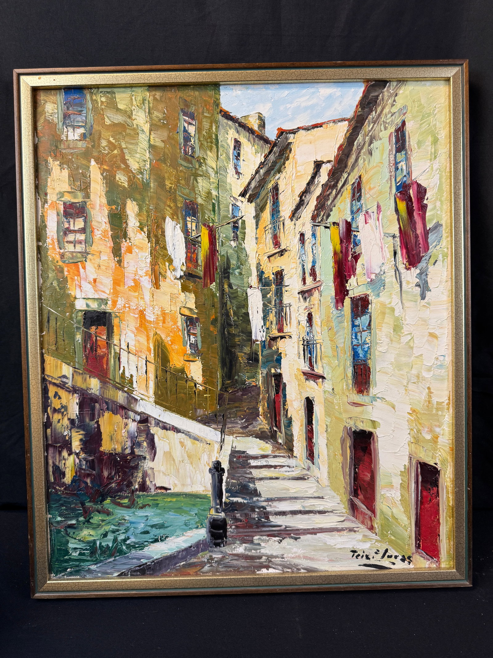 Lucas Teixeira Oil on Canvas Portuguese Street Painting: A quality framed Impressionist style oil on canvas c1960's is by listed Portuguese artist Lucas Tiexeira, signed in the lower right corner. It depicts a Portuguese street and some steps, In excellent 