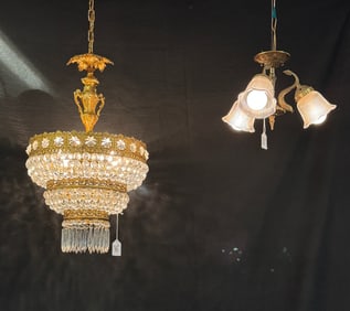 Hollywood Regency Crystal Chandelier & Dolphin 3 Light Ceiling Fixture