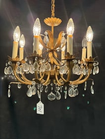 Hollywood Regency 8 arm  Brass Crystal Chandelier  c1950's