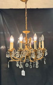 Hollywood Regency 8 Arm Brass Crystal Chandelier c1950's