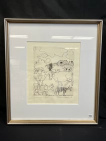 Schomer Lichter Intaglio of Cow and Butterfliers c1976