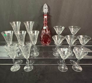 Ruby Cut to Clear Decanter & Stemware