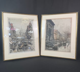 2 Luigi Kazimir Signed Hand Colored Etchings Depicting London and Paris